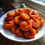 A white plate piled high with glistening, orange-red Air Fryer Crispy Buffalo Shrimp, catching the sunlight.
