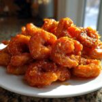 A close-up of a pile of glossy, orange-coated Air Fryer Crispy Buffalo Shrimp served on a white plate.