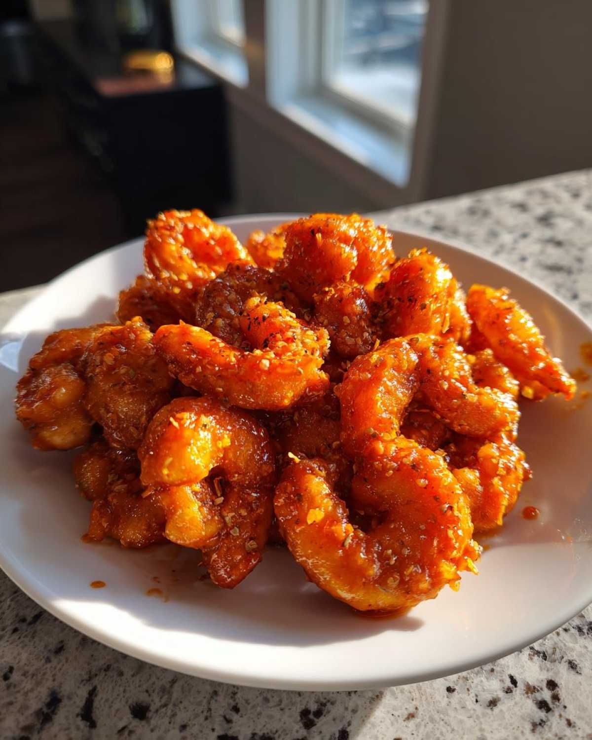 A white plate piled high with glossy, orange-glazed Air Fryer Crispy Buffalo Shrimp, sprinkled with visible seasoning flakes.