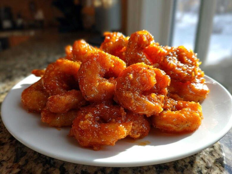 A close-up of a pile of glossy, orange-coated Air Fryer Crispy Buffalo Shrimp served on a white plate.