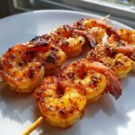 Close-up of perfectly cooked Air Fryer Crispy Cajun Shrimp Skewers on a white plate.