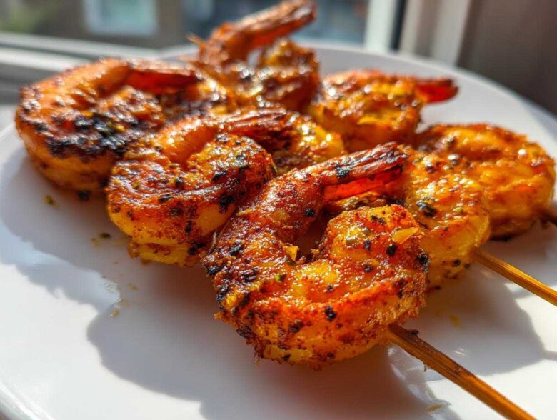 Close-up of perfectly cooked Air Fryer Crispy Cajun Shrimp Skewers resting on a white plate, showing vibrant seasoning.