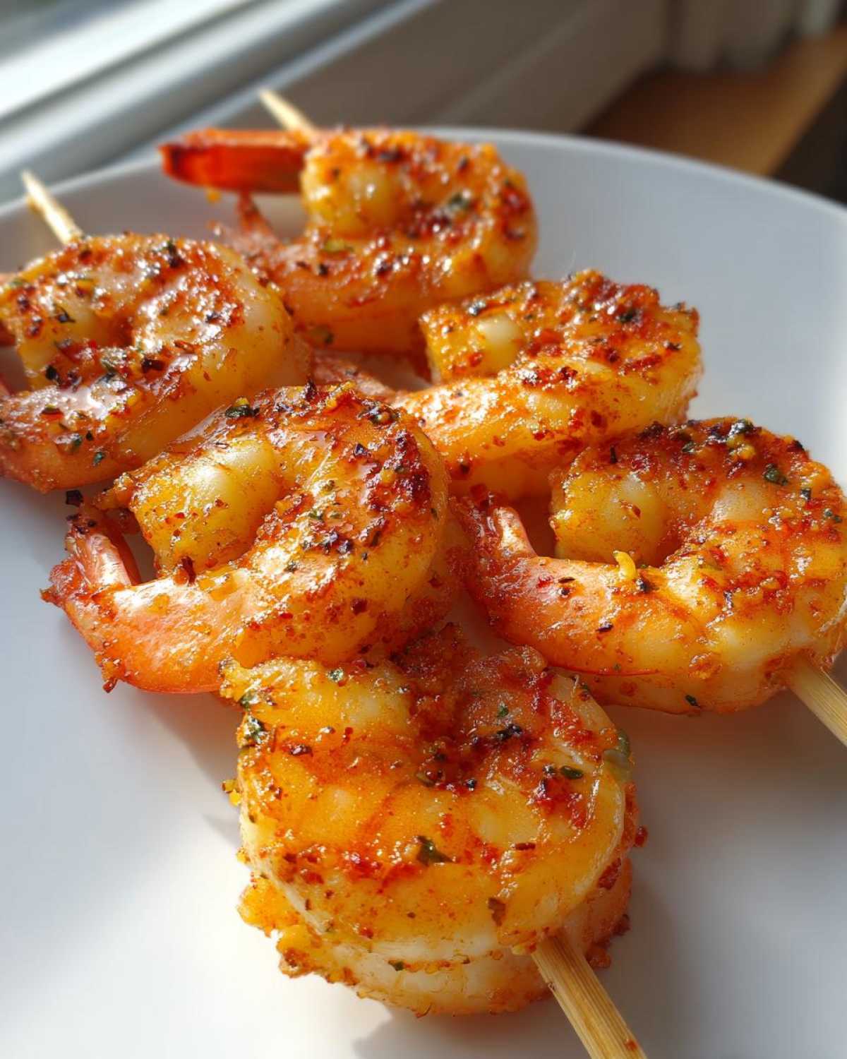 Close-up of plump, cooked shrimp seasoned with Cajun spices on wooden skewers, ready to eat after air frying.