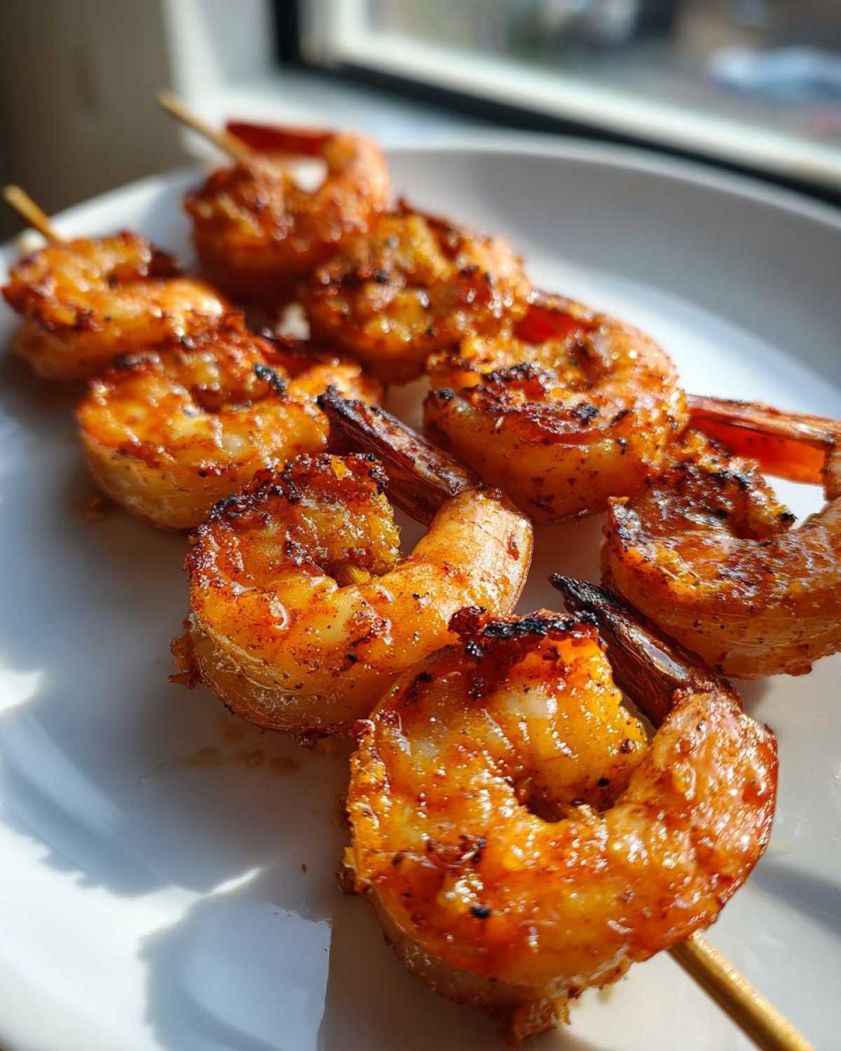 Close-up of perfectly cooked Air Fryer Crispy Cajun Shrimp Skewers on a white plate, showing char marks.