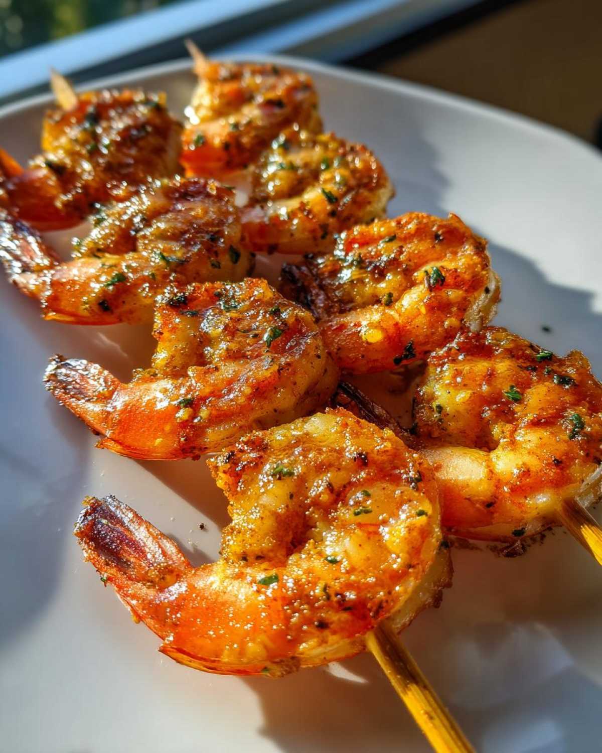 Close-up of perfectly cooked Air Fryer Crispy Cajun Shrimp Skewers seasoned with spices and herbs on a white plate.