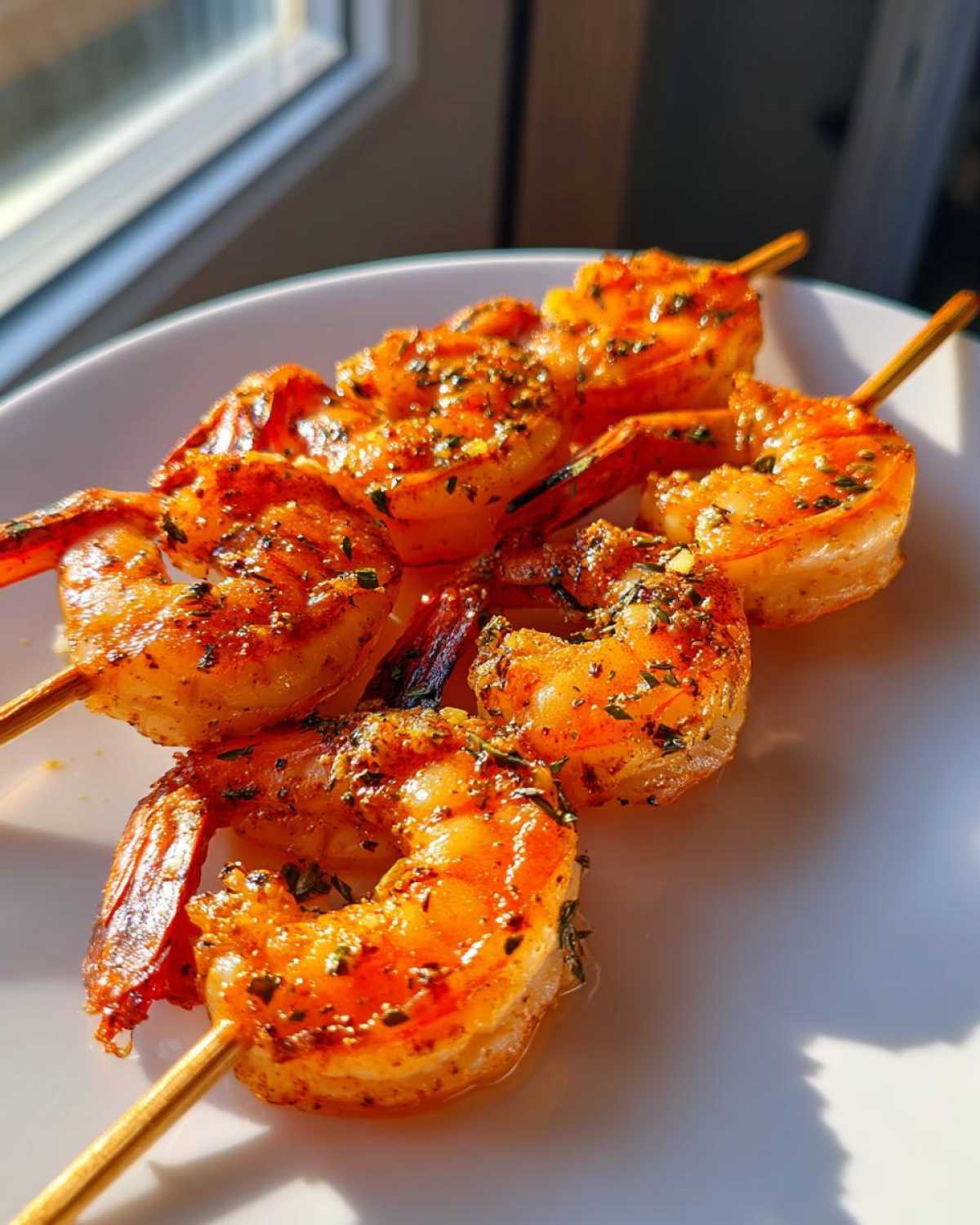Close-up of perfectly cooked Air Fryer Crispy Cajun Shrimp Skewers seasoned with spices on a white plate.