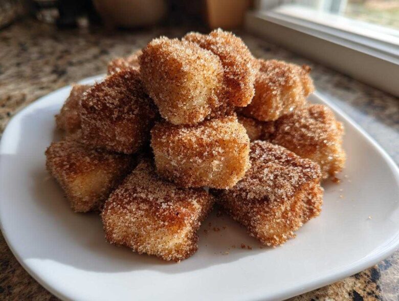 A pile of golden Air Fryer Crispy Cinnamon Sugar Biscuit Bites coated heavily in cinnamon sugar on a white plate.