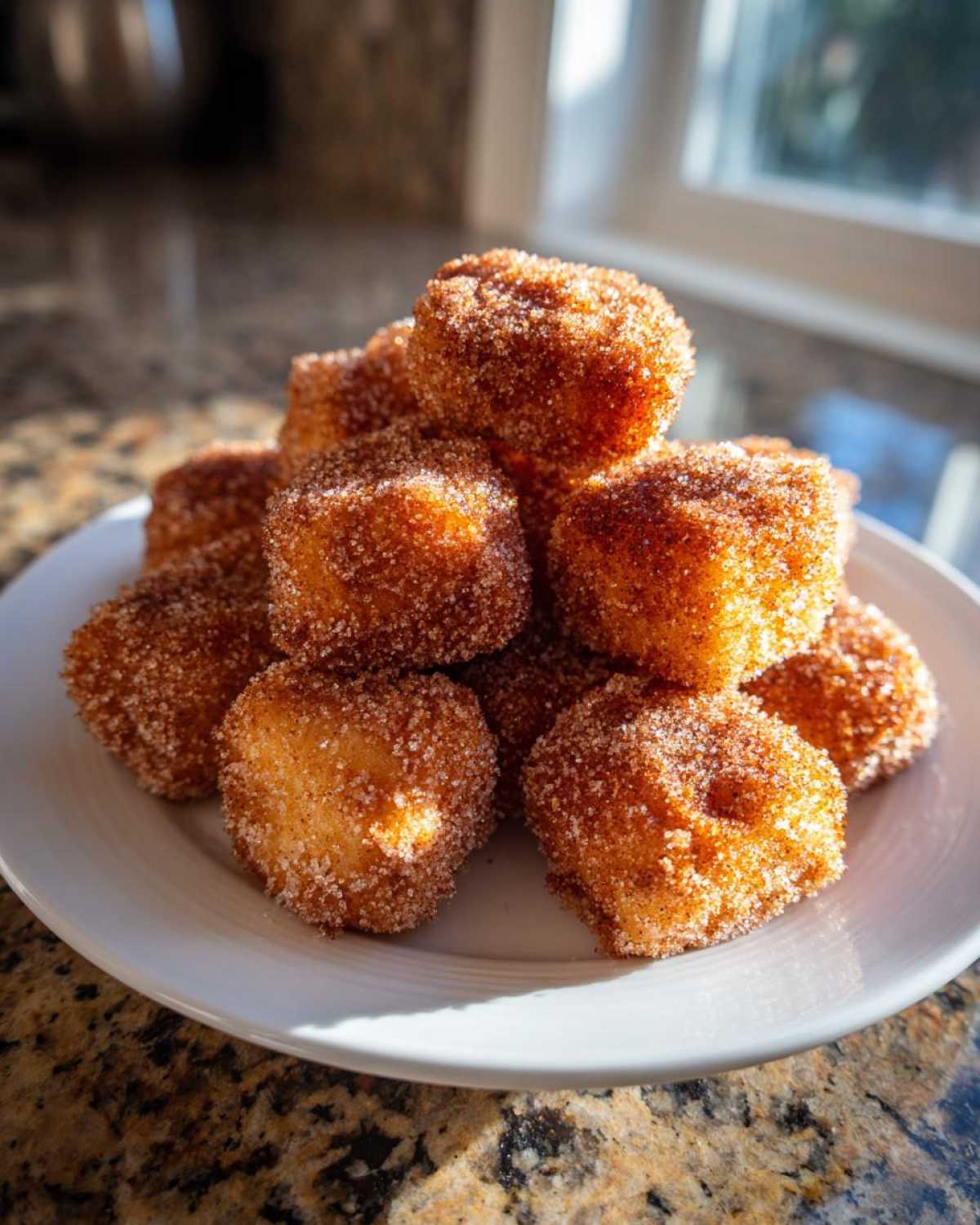 A stack of golden Air Fryer Crispy Cinnamon Sugar Biscuit Bites heavily coated in cinnamon sugar.