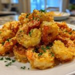 A pile of golden brown Air Fryer Crispy Garlic Butter Shrimp garnished with chopped parsley on a white plate.
