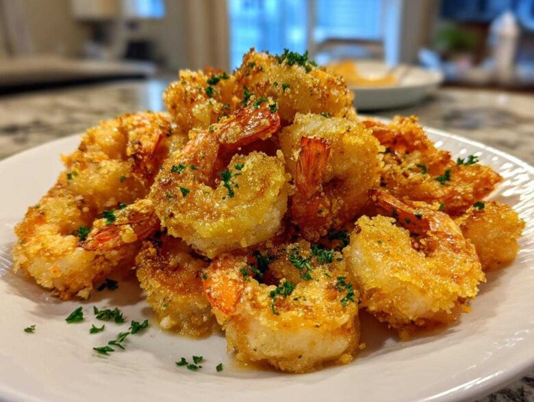 A pile of golden brown Air Fryer Crispy Garlic Butter Shrimp garnished with chopped parsley on a white plate.