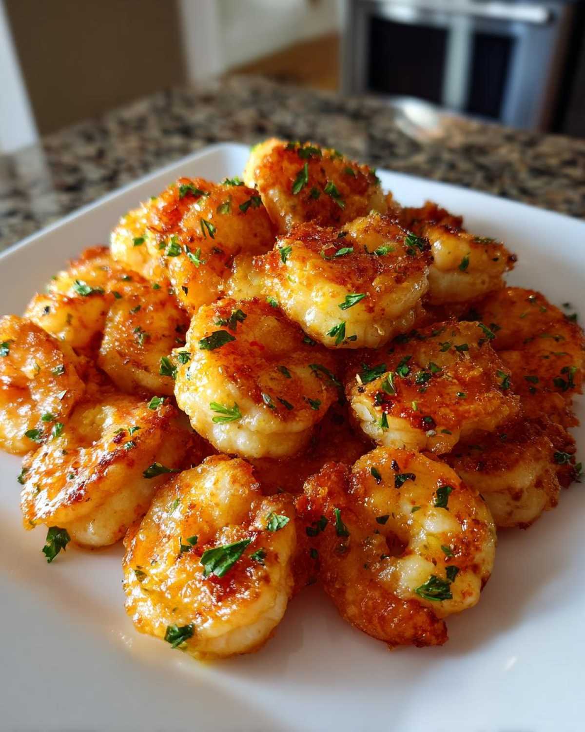 A close-up of golden, crispy Air Fryer Crispy Garlic Butter Shrimp piled high on a white plate, garnished with parsley.