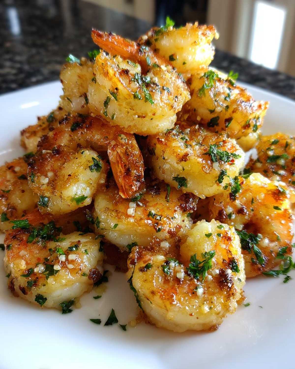 A close-up of a mound of Air Fryer Crispy Garlic Butter Shrimp seasoned with parsley and garlic.
