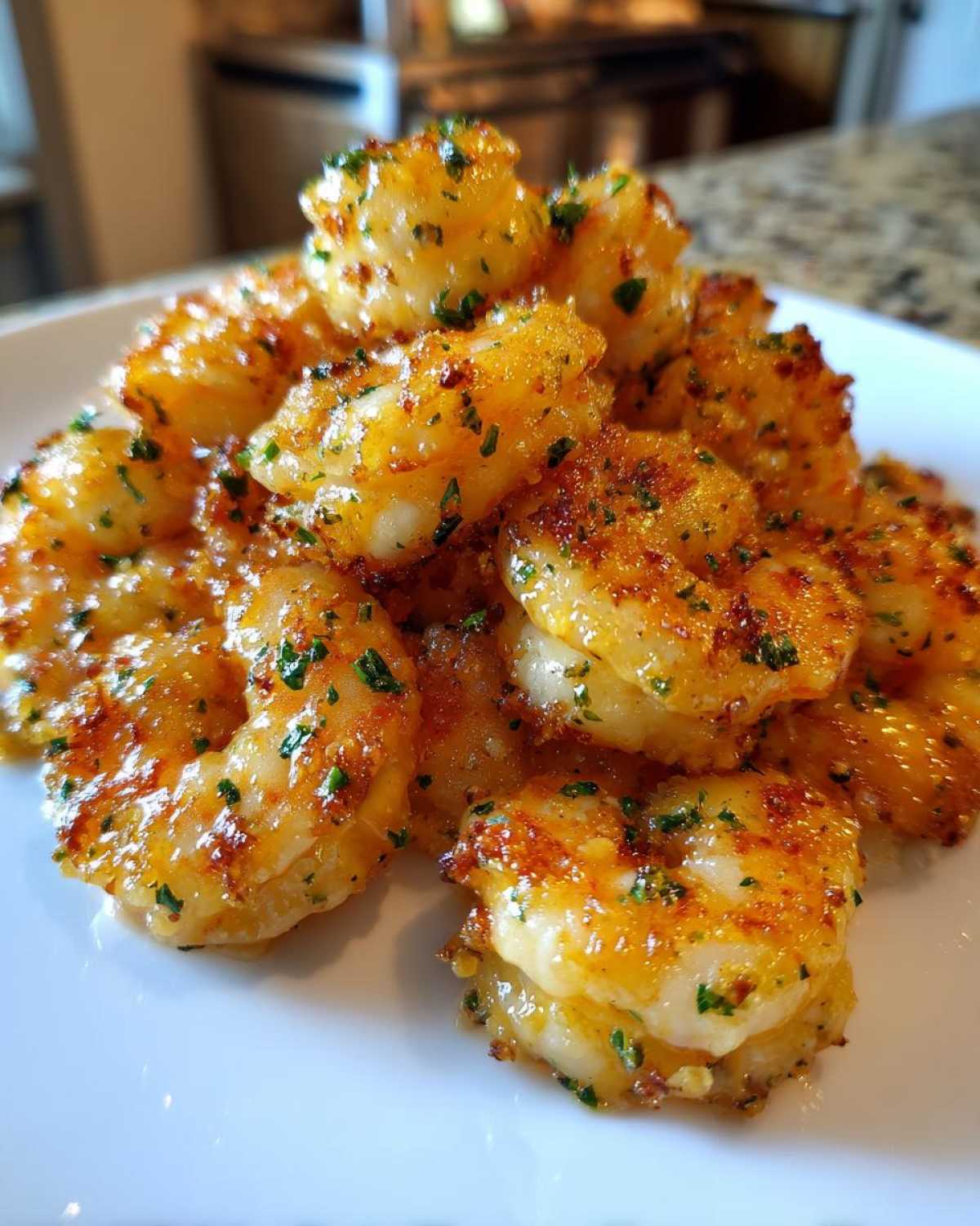 Close-up of a pile of golden, crispy Air Fryer Crispy Garlic Butter Shrimp garnished with green herbs.