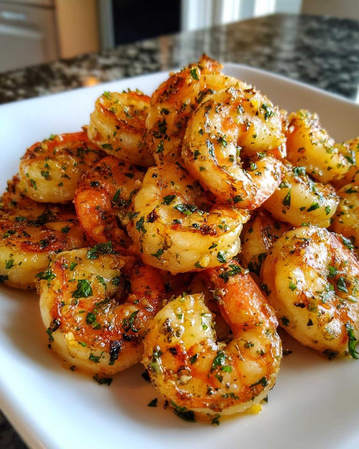 Close-up of perfectly cooked Air Fryer Crispy Garlic Butter Shrimp piled on a white serving dish, glistening with butter and herbs.