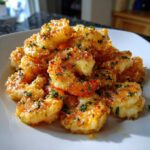 A pile of golden, crispy Air Fryer Crispy Garlic Butter Shrimp garnished with chopped parsley on a white plate.