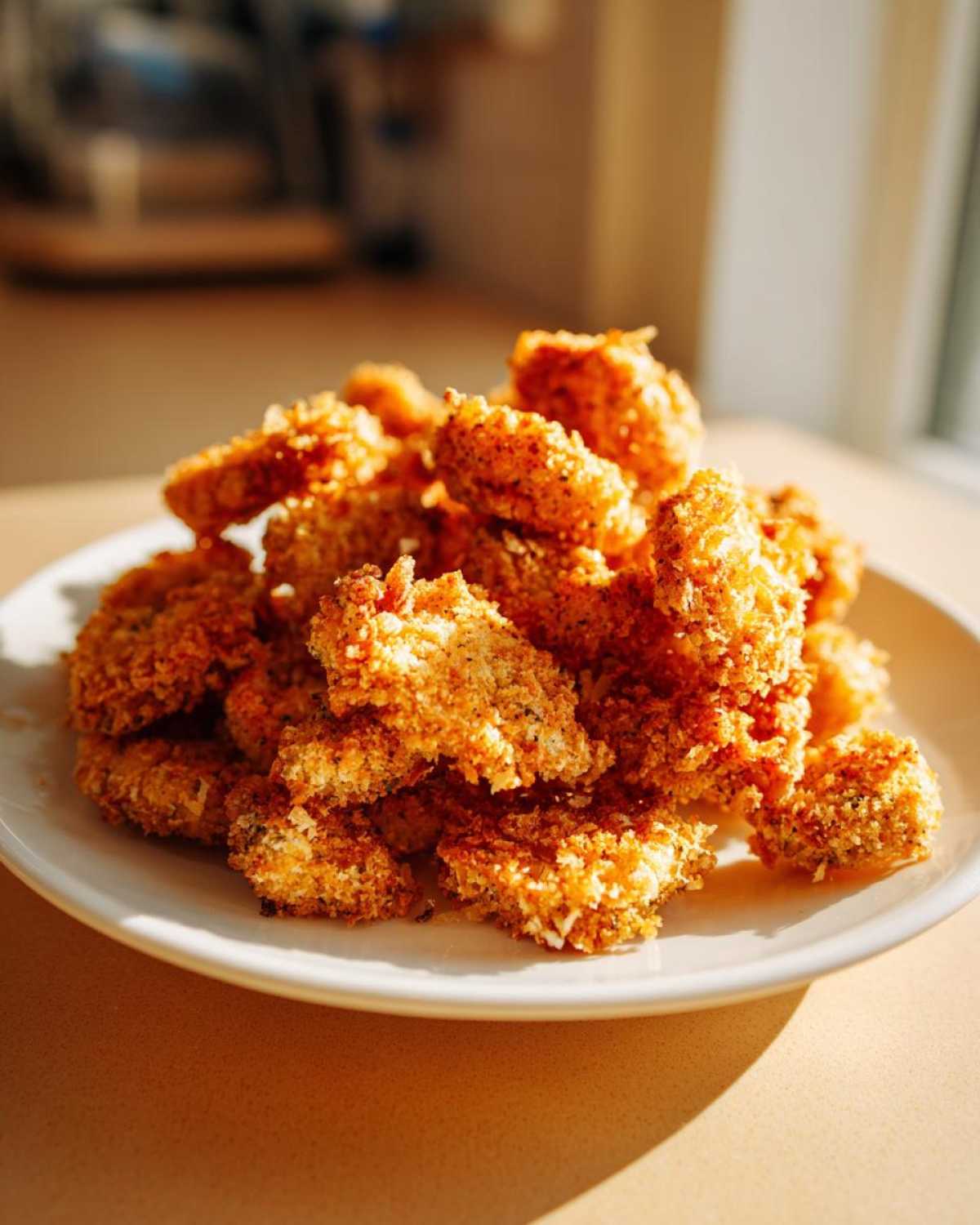 A pile of golden brown, crispy Air Fryer Crispy Garlic Dill Pickles served on a white plate.