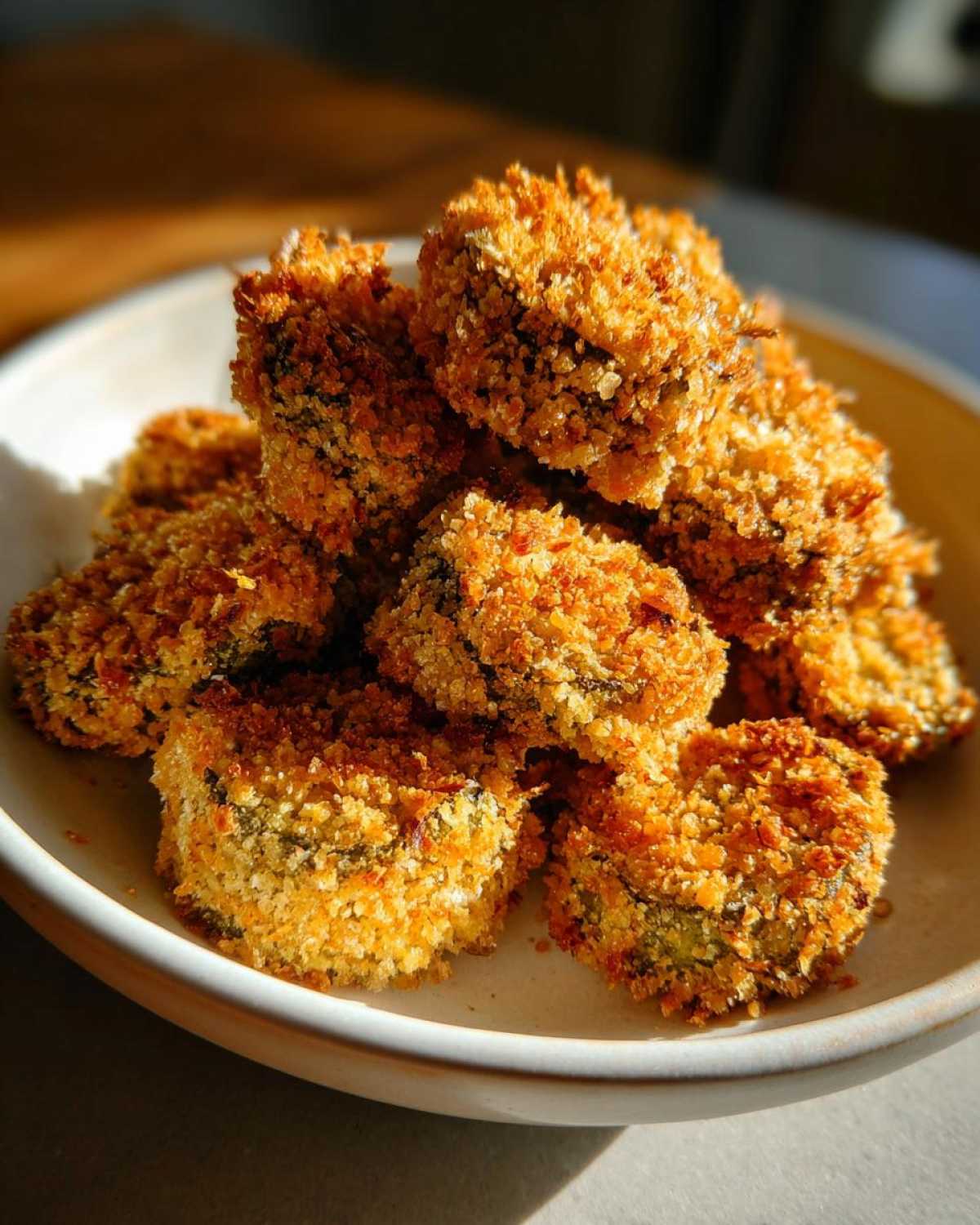 A pile of golden brown, crispy Air Fryer Crispy Garlic Dill Pickles served in a light-colored bowl.
