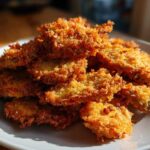 A pile of golden brown, crispy Air Fryer Crispy Garlic Dill Pickles stacked high on a white plate.