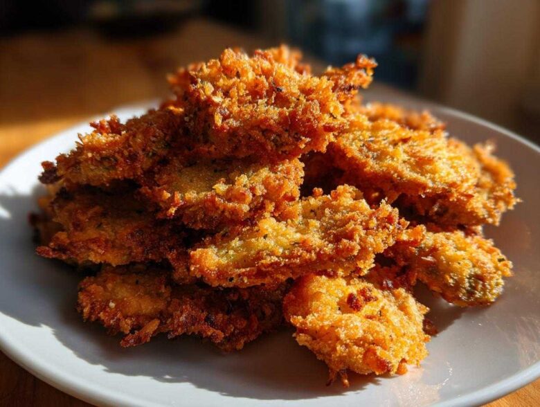 A pile of golden brown, crispy Air Fryer Crispy Garlic Dill Pickles stacked high on a white plate.
