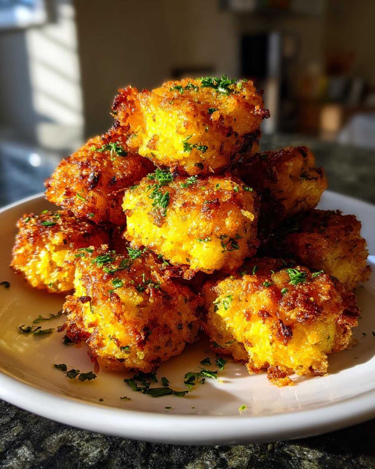 A stack of golden brown, crispy Air Fryer Crispy Garlic Parmesan Tater Tots garnished with fresh parsley.