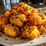 A mound of golden brown Air Fryer Crispy Garlic Parmesan Tater Tots sprinkled with grated cheese and parsley.