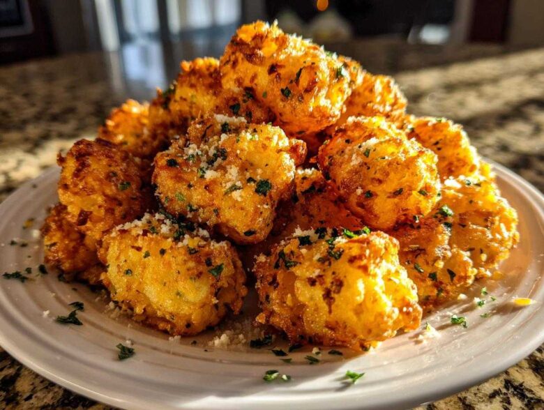 A mound of golden brown Air Fryer Crispy Garlic Parmesan Tater Tots sprinkled with grated cheese and parsley.