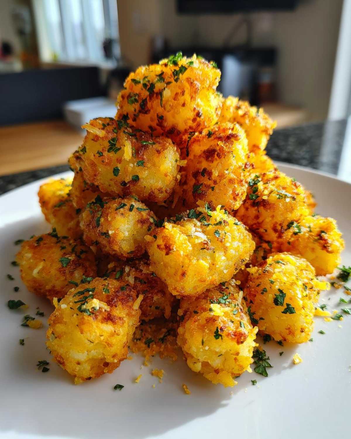 A tall pile of golden brown Air Fryer Crispy Garlic Parmesan Tater Tots dusted with cheese and parsley on a white plate.