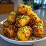 A close-up of a mound of golden brown Air Fryer Crispy Garlic Parmesan Tater Tots topped with grated cheese and parsley.