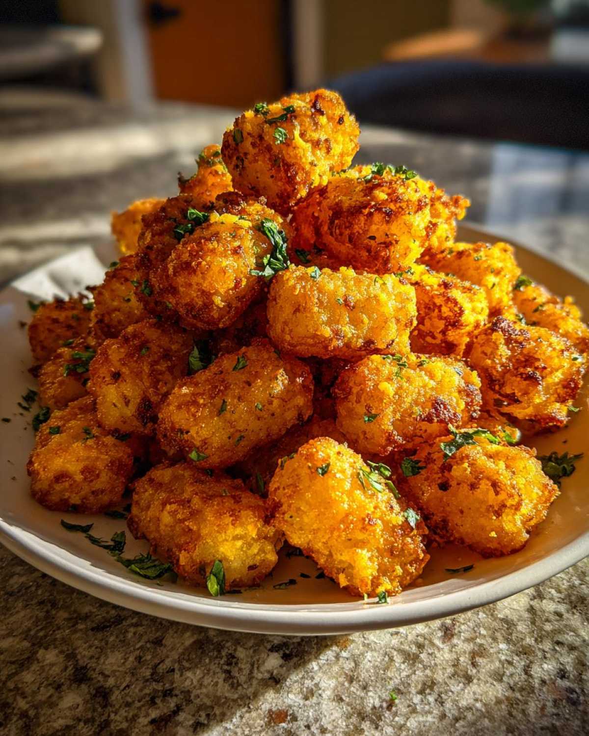 A mound of golden brown Air Fryer Crispy Garlic Parmesan Tater Tots garnished with fresh parsley.