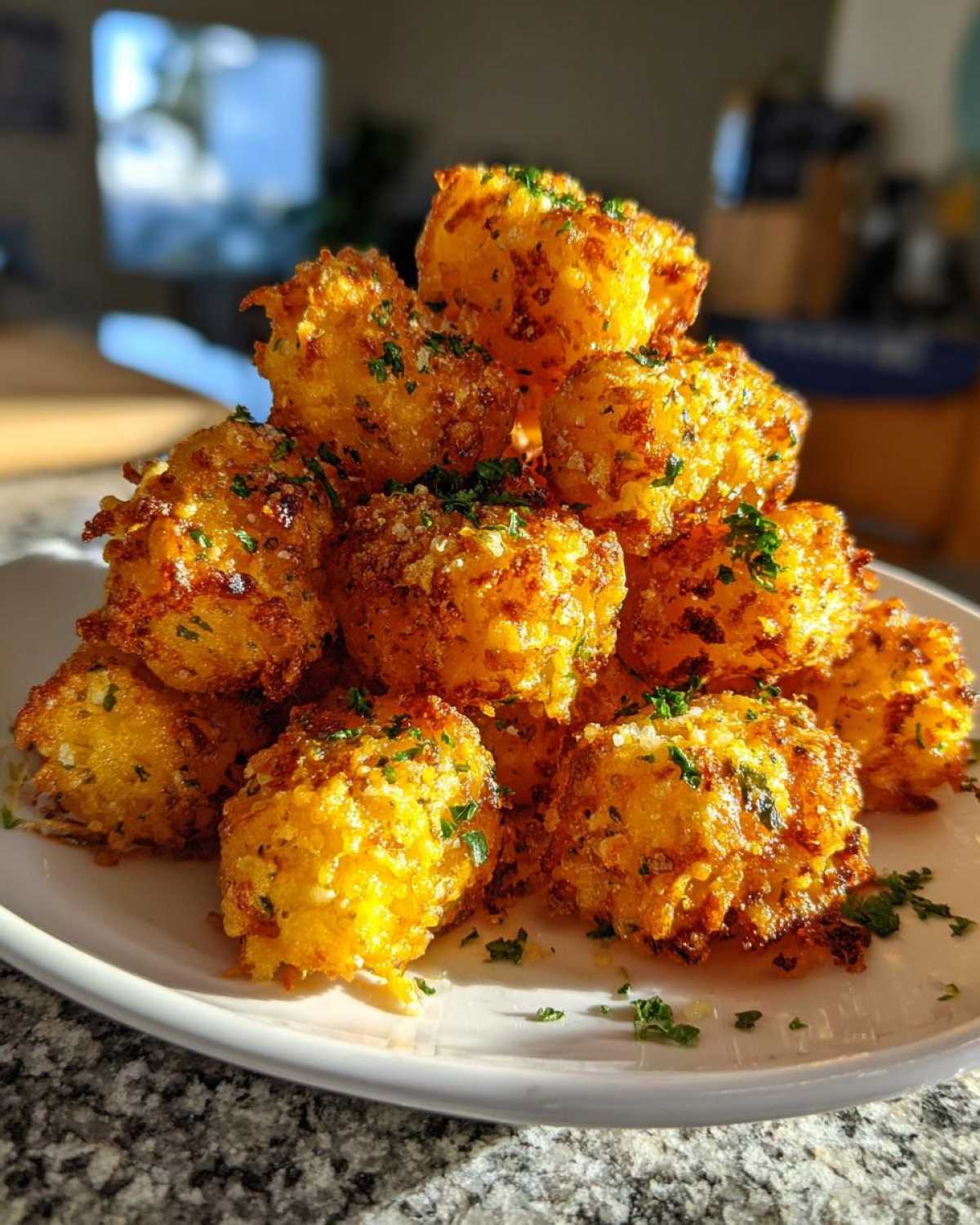 A golden brown pile of Air Fryer Crispy Garlic Parmesan Tater Tots sprinkled with fresh parsley on a white plate.