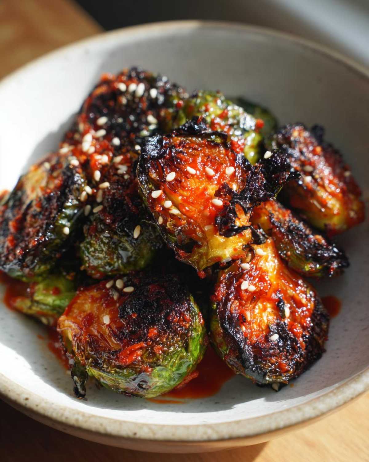 Close-up of Air Fryer Crispy Gochujang Brussels Sprouts coated in bright red glaze and sesame seeds.