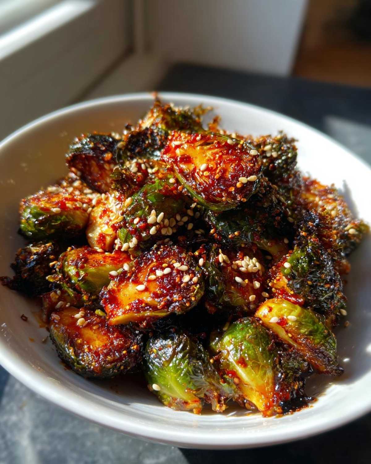 Close-up of Air Fryer Crispy Gochujang Brussels Sprouts coated in a shiny red glaze and sprinkled with sesame seeds.