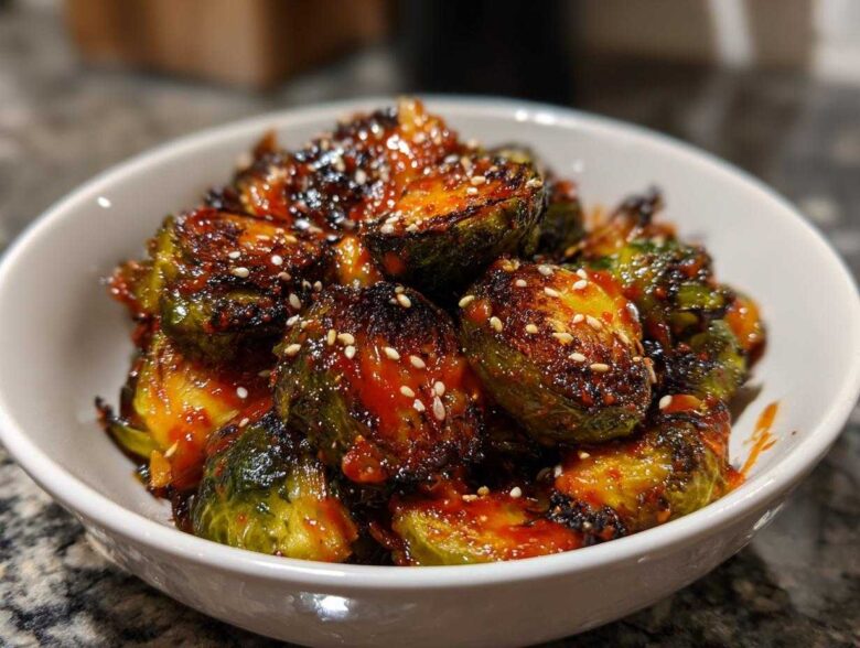 Close-up of crispy Air Fryer Crispy Gochujang Brussels Sprouts coated in spicy glaze and topped with sesame seeds.