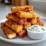 A stack of golden brown Air Fryer Crispy Halloumi Fries served with a small bowl of creamy dill dipping sauce.
