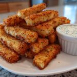 A stack of golden brown Air Fryer Crispy Halloumi Fries served with a side of creamy herb dipping sauce.