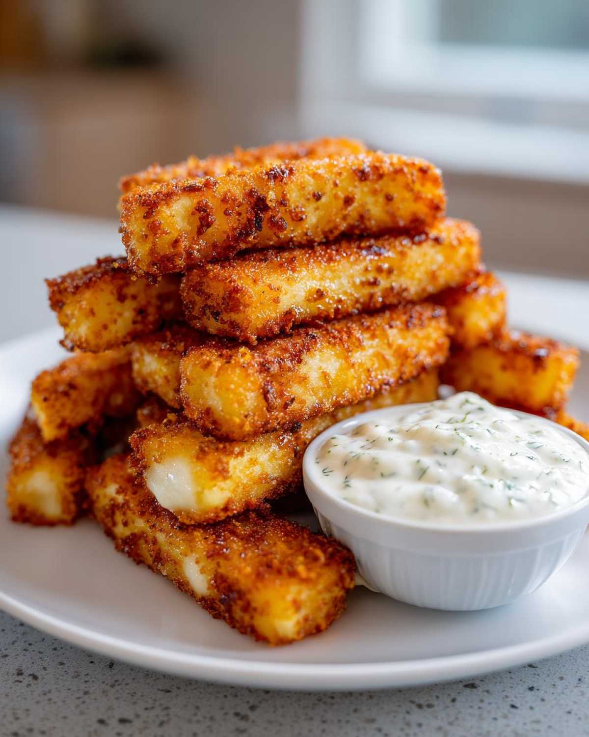 A stack of golden brown Air Fryer Crispy Halloumi Fries served on a white plate next to a small bowl of creamy herb dipping sauce.