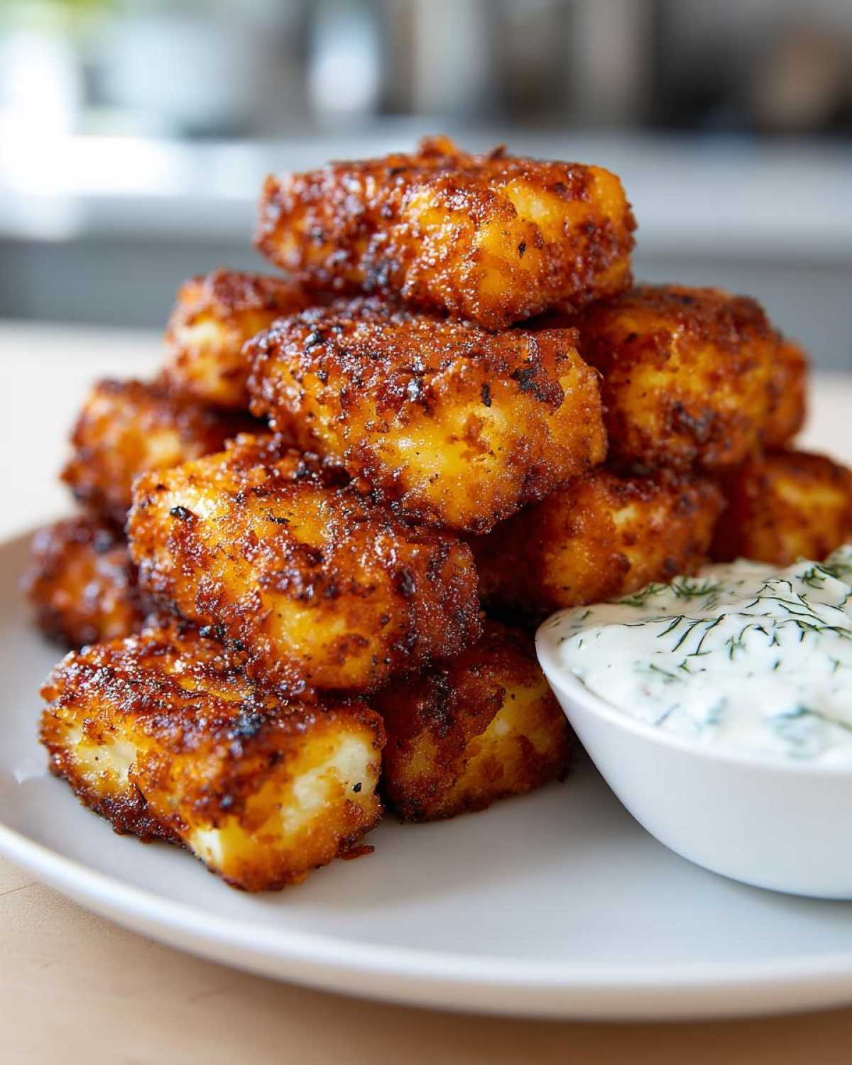 A stack of golden brown Air Fryer Crispy Halloumi Fries served on a white plate next to a small bowl of dill yogurt dip.