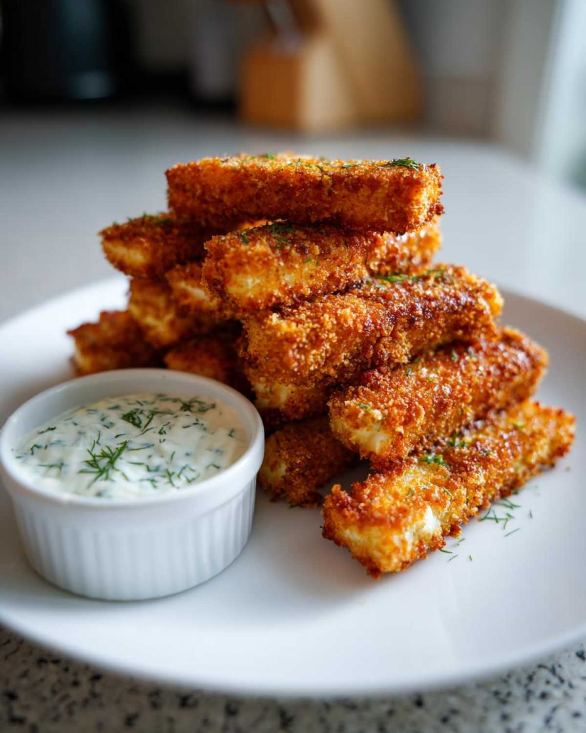 A stack of golden, crispy Air Fryer Crispy Halloumi Fries served with a side of creamy dill dipping sauce.
