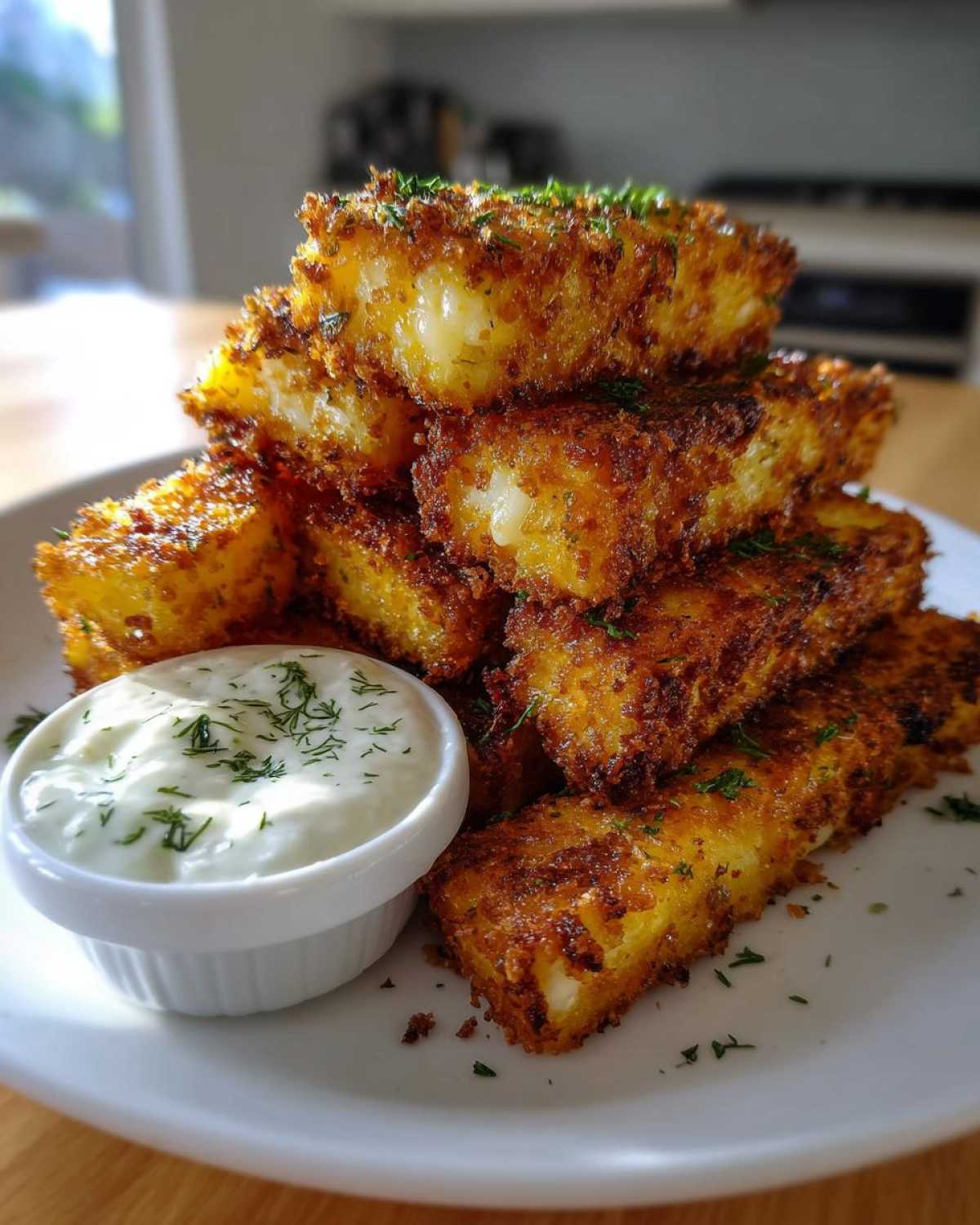 A tall stack of golden brown Air Fryer Crispy Halloumi Fries sprinkled with herbs, served next to a small white ramekin of creamy dipping sauce.