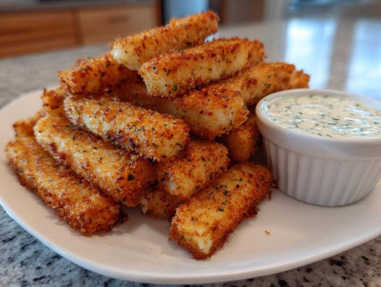 A stack of golden brown Air Fryer Crispy Halloumi Fries served with a side of creamy herb dipping sauce.