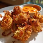 Golden brown Air Fryer Crispy Onion Petals served on a white plate next to a small bowl of orange spicy mayo dip.