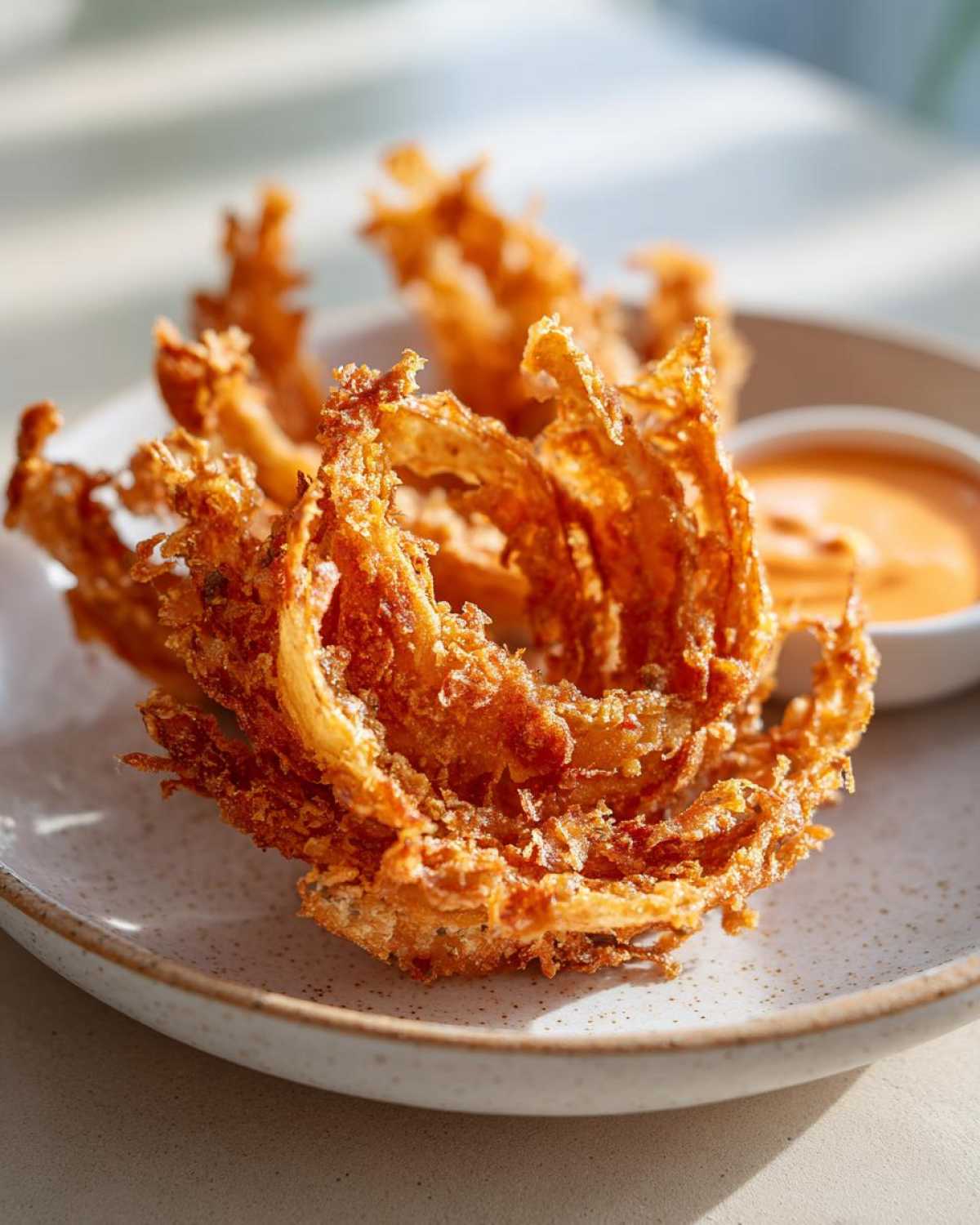 Golden brown, crispy Air Fryer Crispy Onion Petals served on a speckled plate with a side of spicy mayo dip.