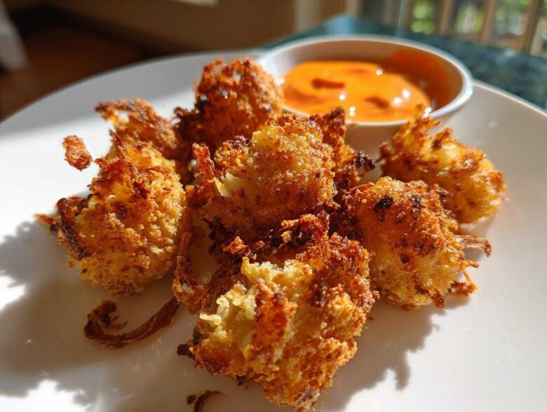 Golden brown Air Fryer Crispy Onion Petals served on a white plate next to a small bowl of orange spicy mayo dip.