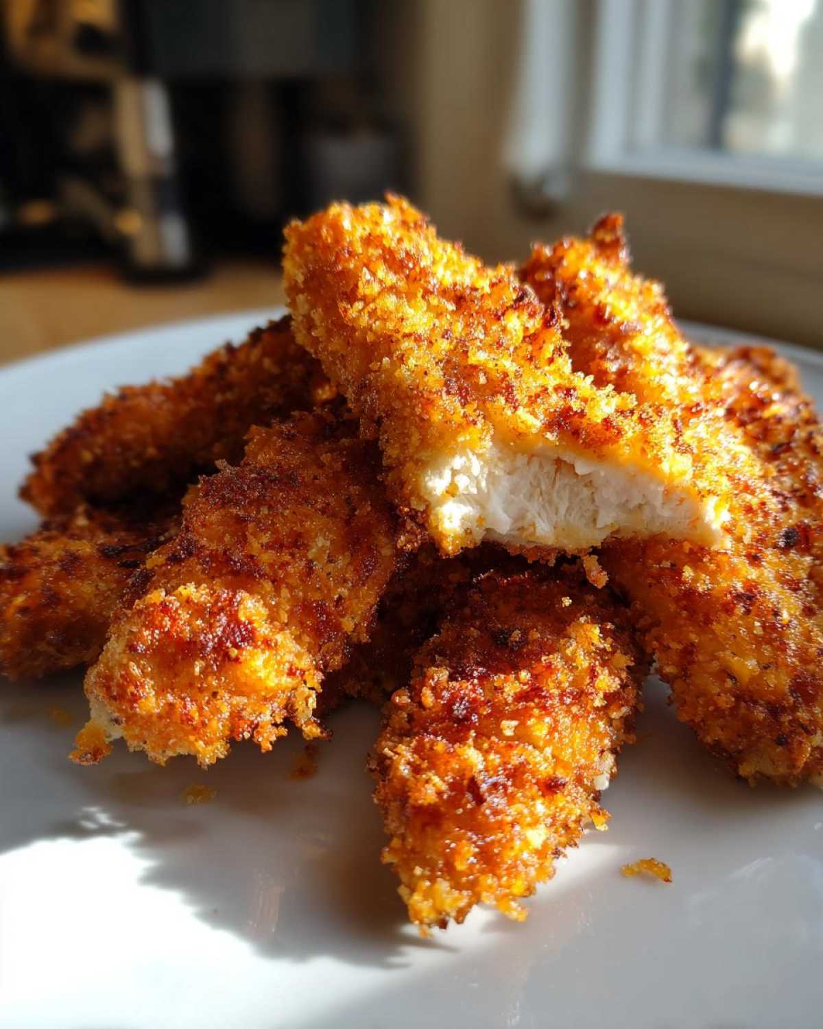 A close-up of golden brown Air Fryer Crispy Parmesan Chicken Tenders stacked on a white plate, one broken open showing white meat.