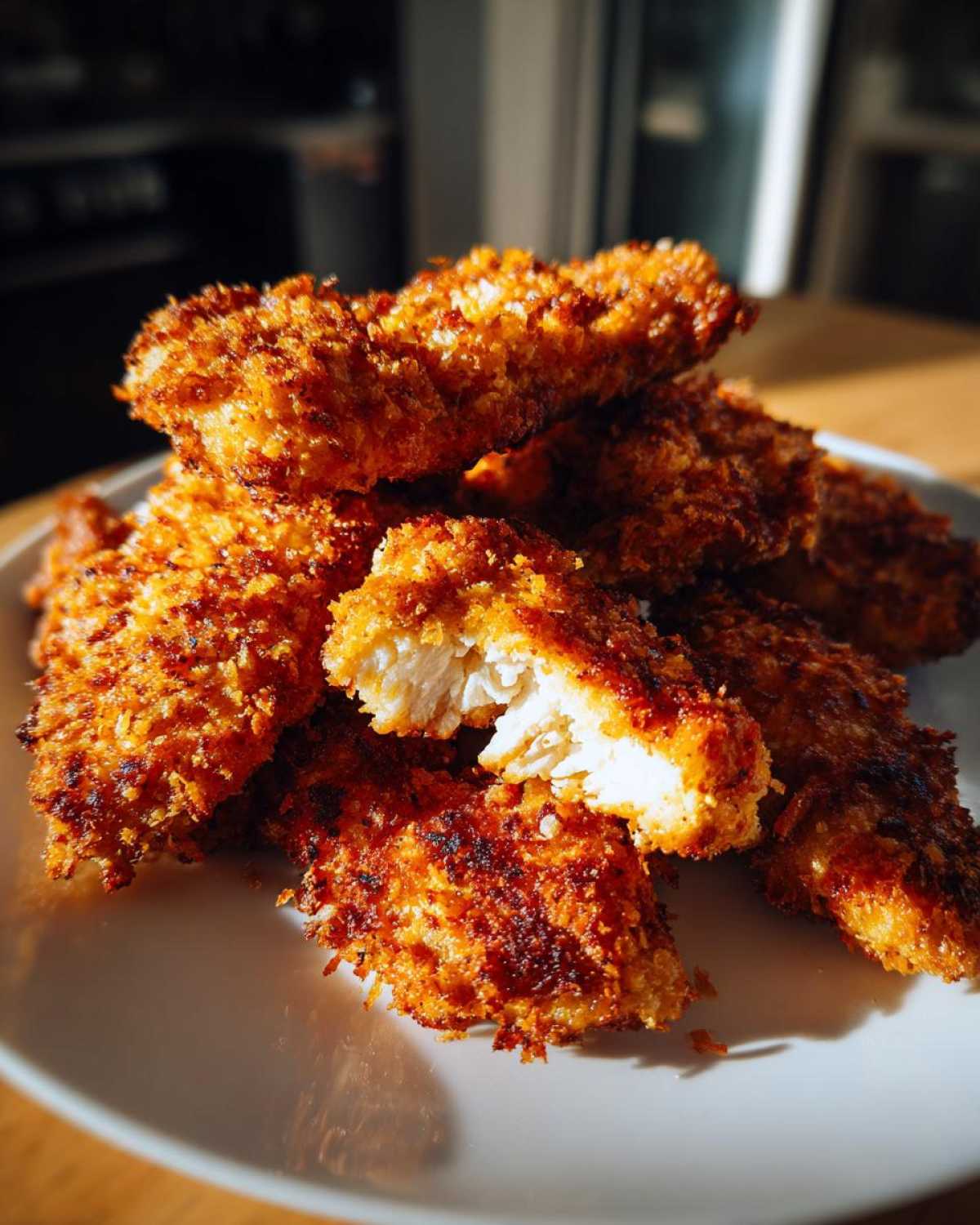 A pile of golden brown Air Fryer Crispy Parmesan Chicken Tenders on a white plate, one tender broken open showing white meat.