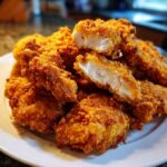 A close-up of golden brown Air Fryer Crispy Parmesan Chicken Tenders piled on a white plate, one tender is broken open showing the white meat.