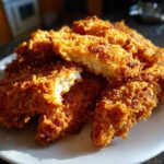 A pile of golden brown Air Fryer Crispy Parmesan Chicken Tenders stacked on a white plate, showing a cross-section of the juicy interior.