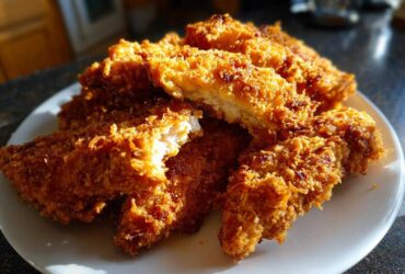 A pile of golden brown Air Fryer Crispy Parmesan Chicken Tenders stacked on a white plate, showing a cross-section of the juicy interior.