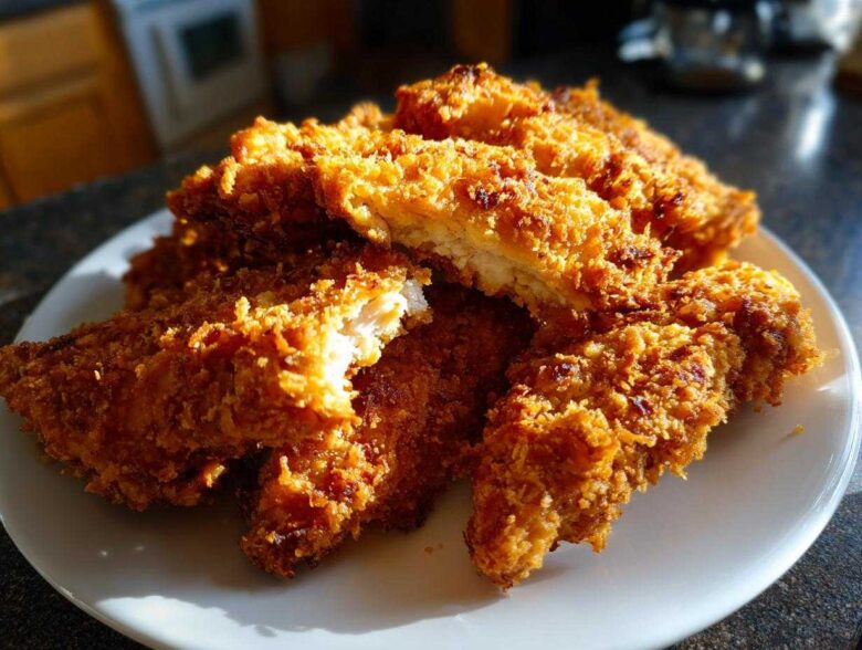A pile of golden brown Air Fryer Crispy Parmesan Chicken Tenders stacked on a white plate, showing a cross-section of the juicy interior.
