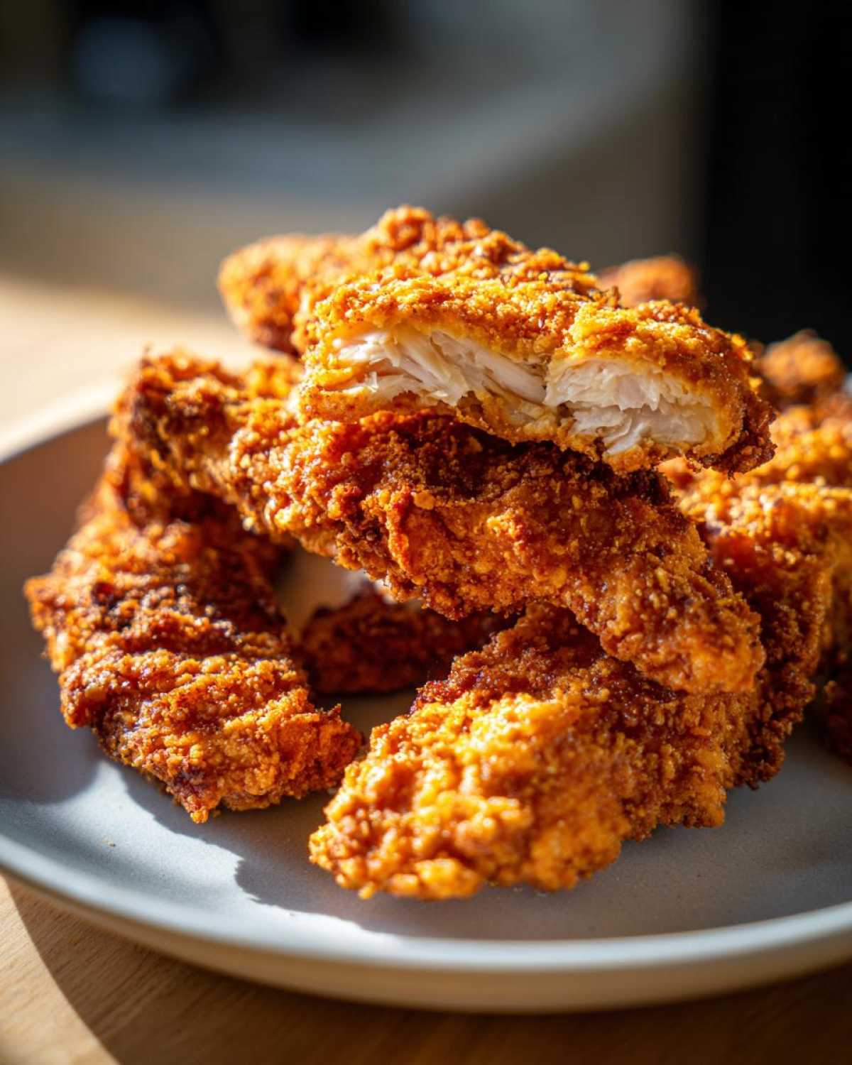 A stack of golden brown Air Fryer Crispy Parmesan Chicken Tenders, one broken open showing juicy white meat.
